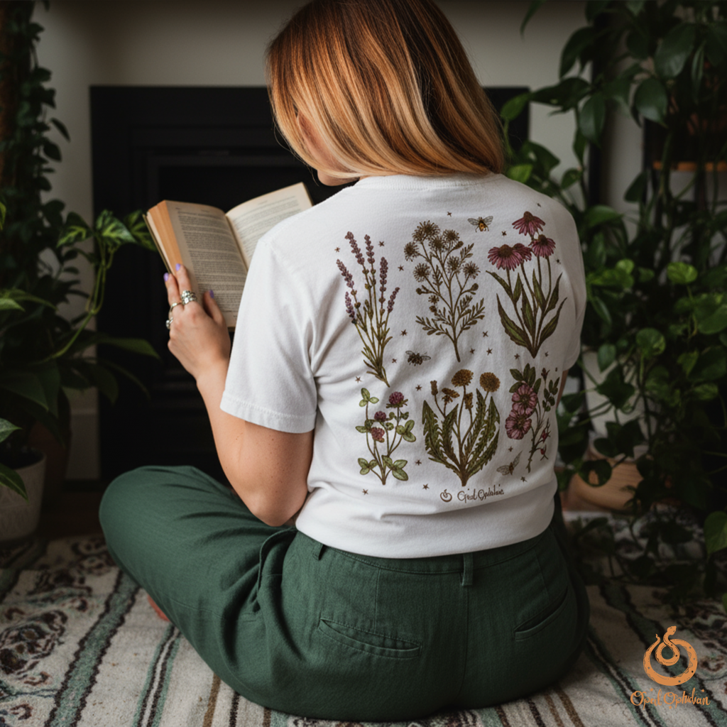 A herbal botanical illustrated graphic on a ivory colored shirt on a woman reading in a bohemian witchy vibe room