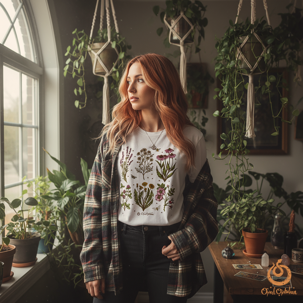A herbal botanical illustrated graphic on a ivory colored shirt on a woman looking out the window in a bohemian witchy vibe room