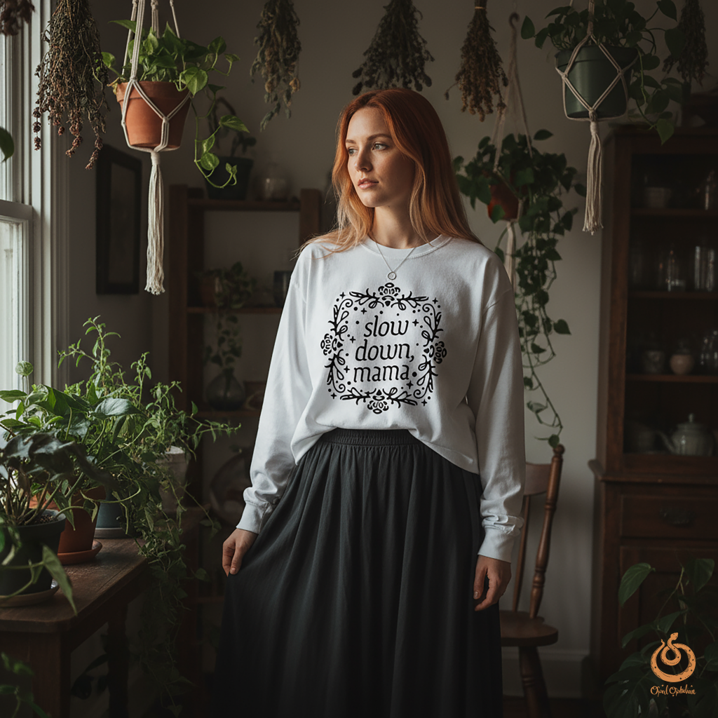 A woman wearing a white long sleeve comfy shirt with a graphic that says slow down mama in black standing in a bohemian style room