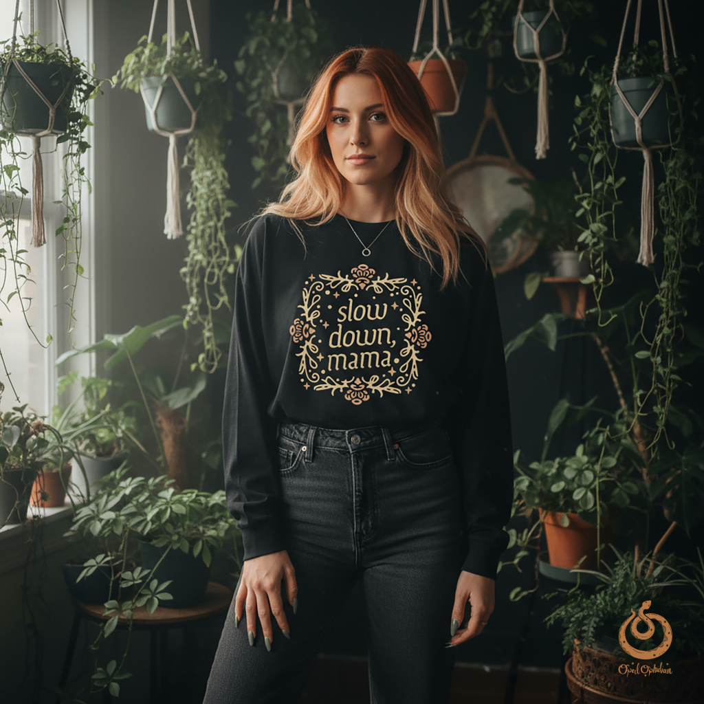 A woman wearing a long sleeve comfy shirt with a graphic that says slow down mama standing in a bohemian style room