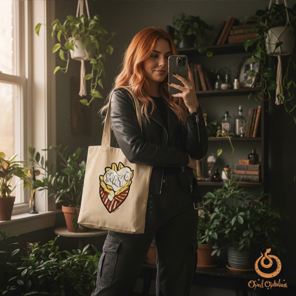 A mayo and fries illustrated graphic on a canvas bag hanging on the shoulder of an edgy witchy woman standing in a bohemian witchy vibe room