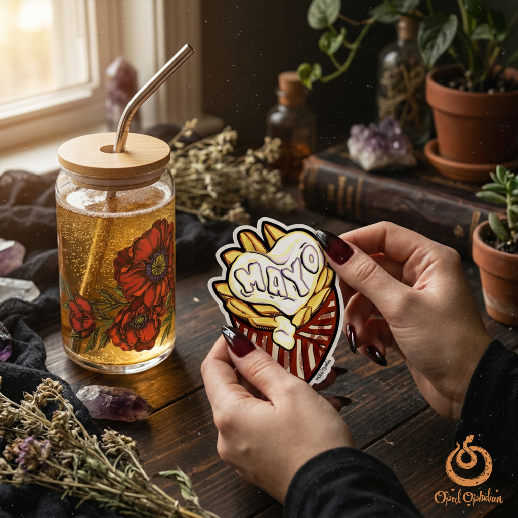 A mayo and fries illustrated graphic sticker on the table with hands of an edgy witchy woman in a bohemian witchy vibe room