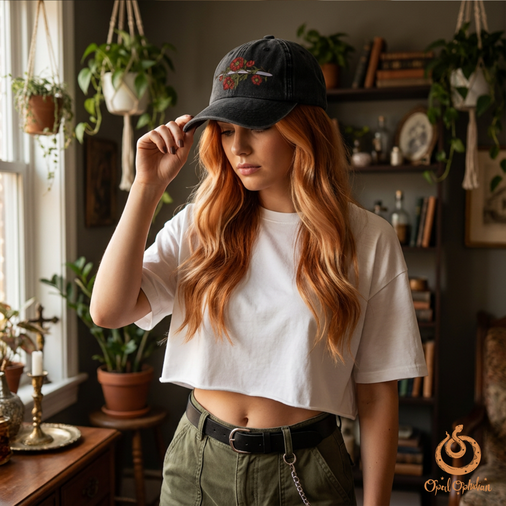 Fantasy Sword Graphic on a women's vintage fashion hat, displayed in a bohemian witchy vibe home.