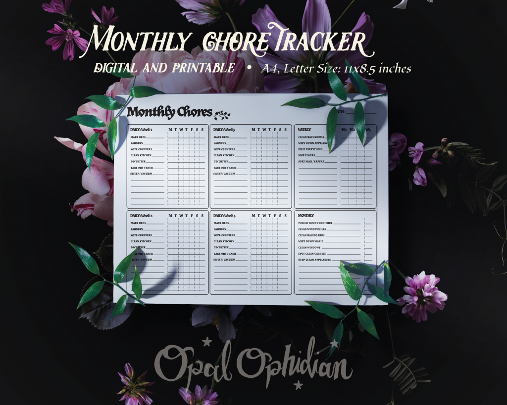 Opal Ophidian custom undated chore tracker planner printable or digital
