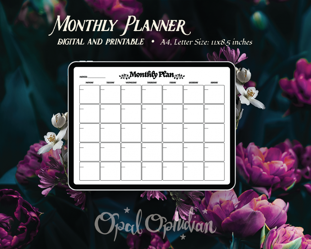 Opal Ophidian custom undated monthly planner printable or digital