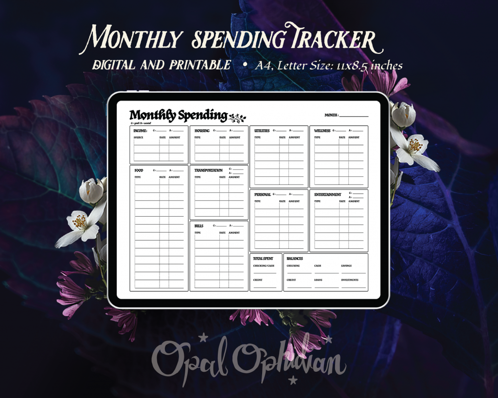 Opal Ophidian custom undated monthly spending planner printable or digital