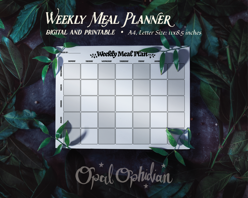 Opal Ophidian custom undated weekly meal planner printable or digital