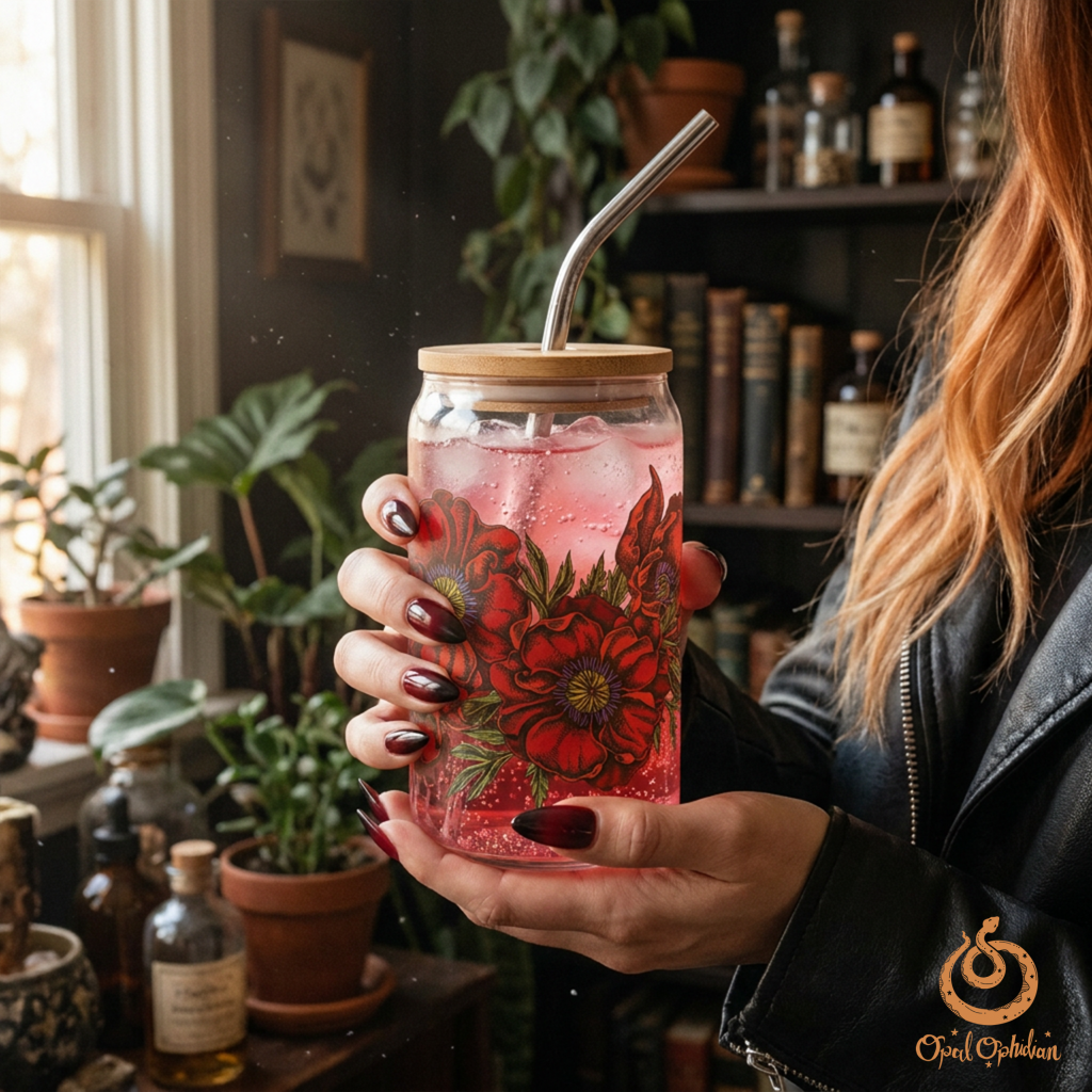 A poppy graphic printed on a can shaped glass being held by an edgy woman in a witchy bohemian vibe room