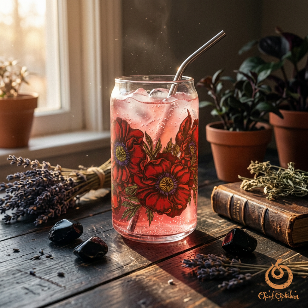 A poppy graphic printed on a can shaped glass displayed on a witchy bohemian table