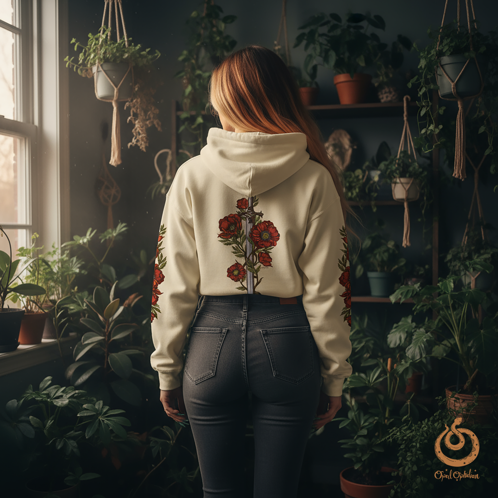 A poppy and sword graphic on a ivory colored hoodie on a woman standing in a bohemian witchy vibe room
