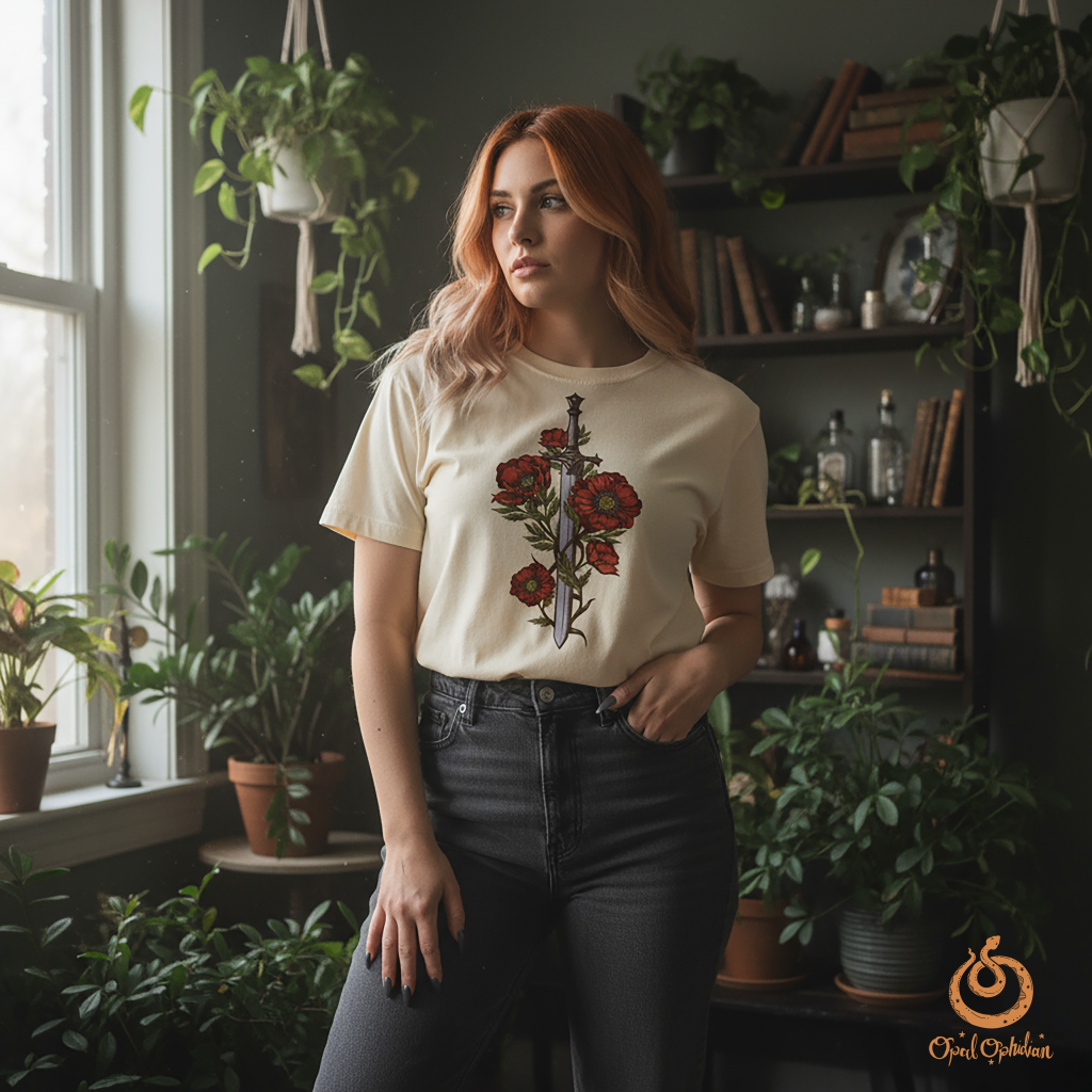 A poppy and sword graphic on a ivory colored shirt on a woman standing in a bohemian witchy vibe room