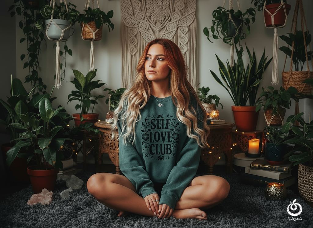 A woman sitting wearing a teal sweatshirt with self love club graphic on the front in a bohemian style room