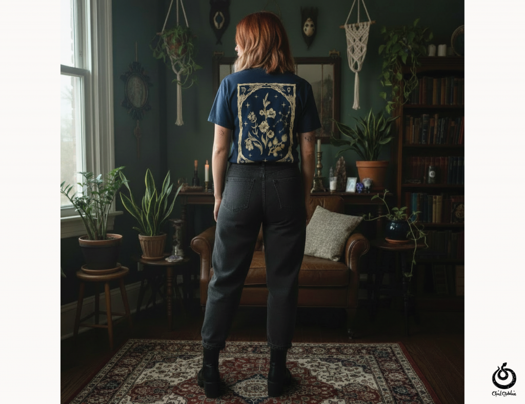 A virgo block print style graphic on a navy colored shirt on a woman standing in a bohemian witchy vibe room